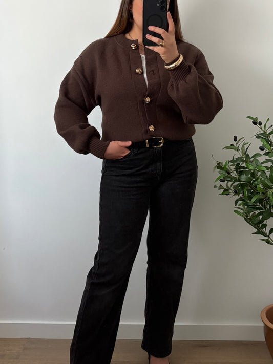 Brown knit cardigan with gold floral buttons