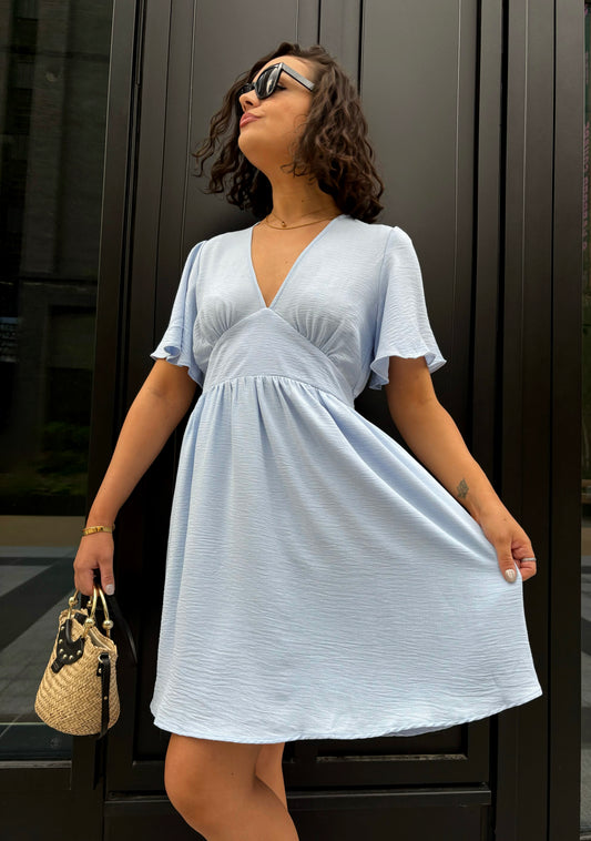 Robe courte col V bleu ciel