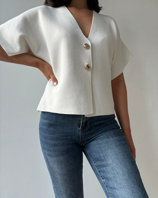 T-shirt en maille blanc boutons dorés