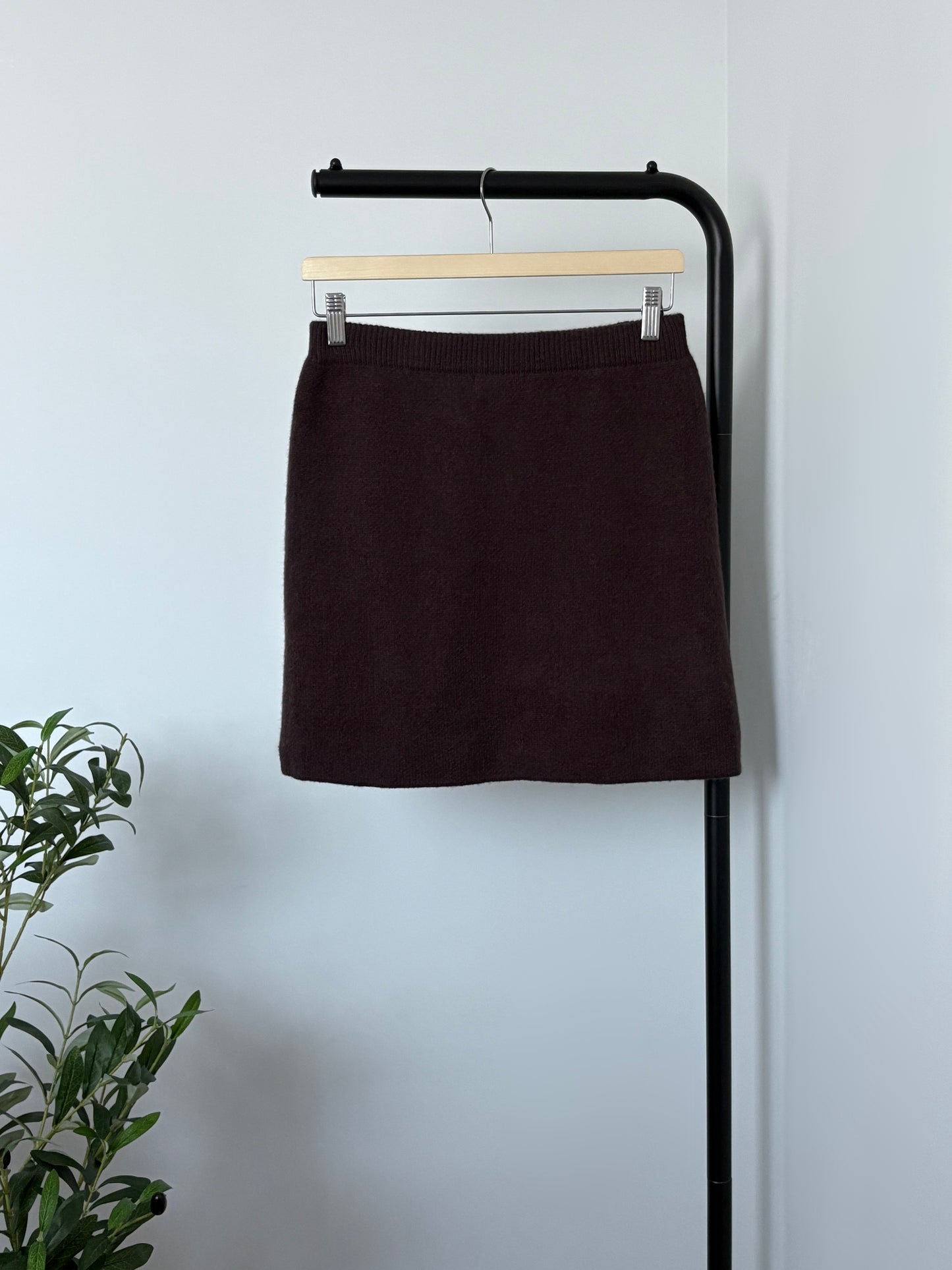 Brown knit cardigan and mini skirt set