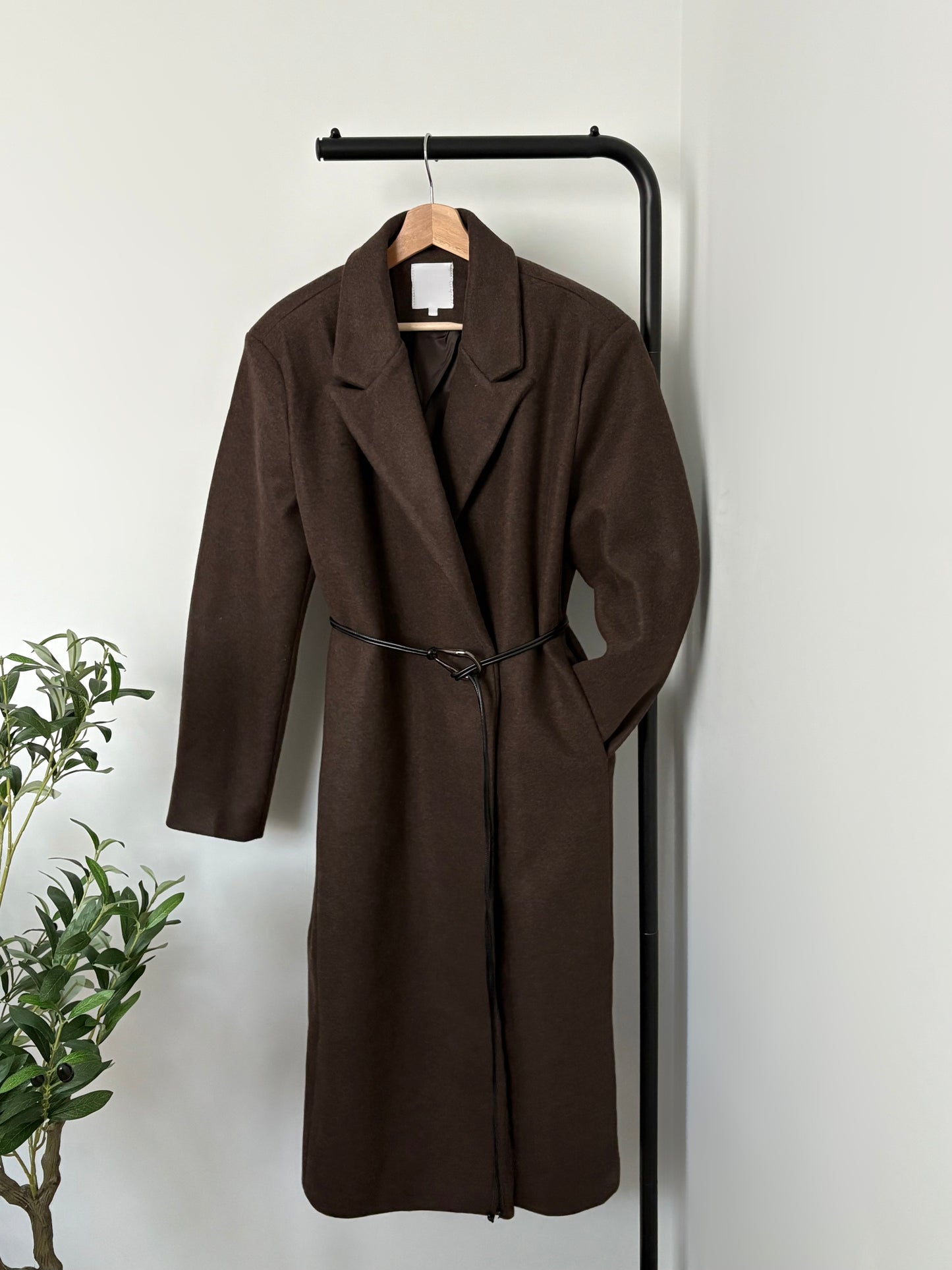Manteau long marron ceinture similicuir boucle