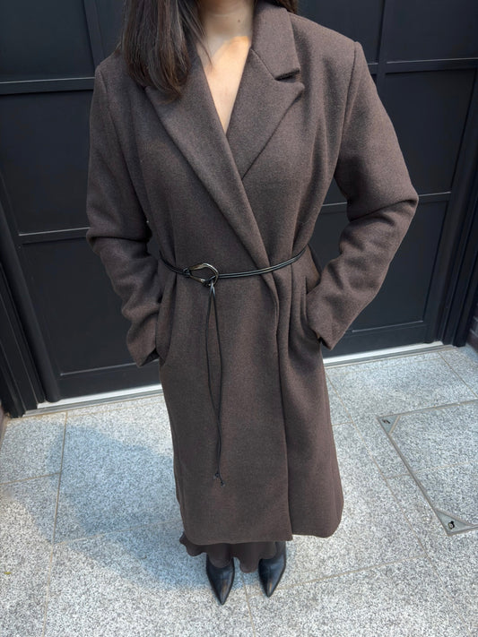 Manteau long marron ceinture similicuir boucle