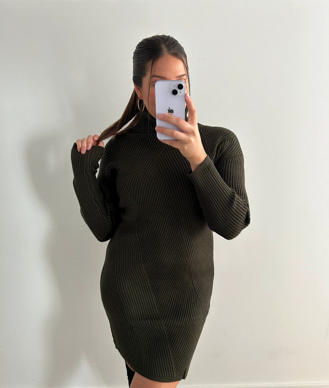 Robe Pull Côtelée Col Roulé Kaki