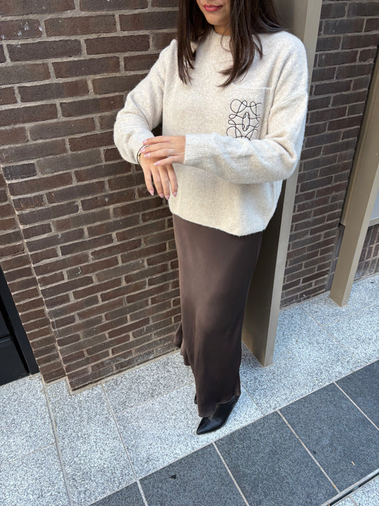 Pull oversize beige broderie poche marron