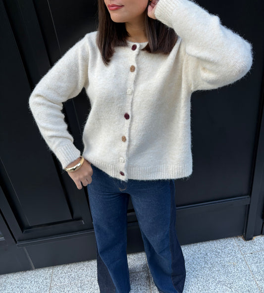 Cardigan en maille crème boutons fleurs multicolores