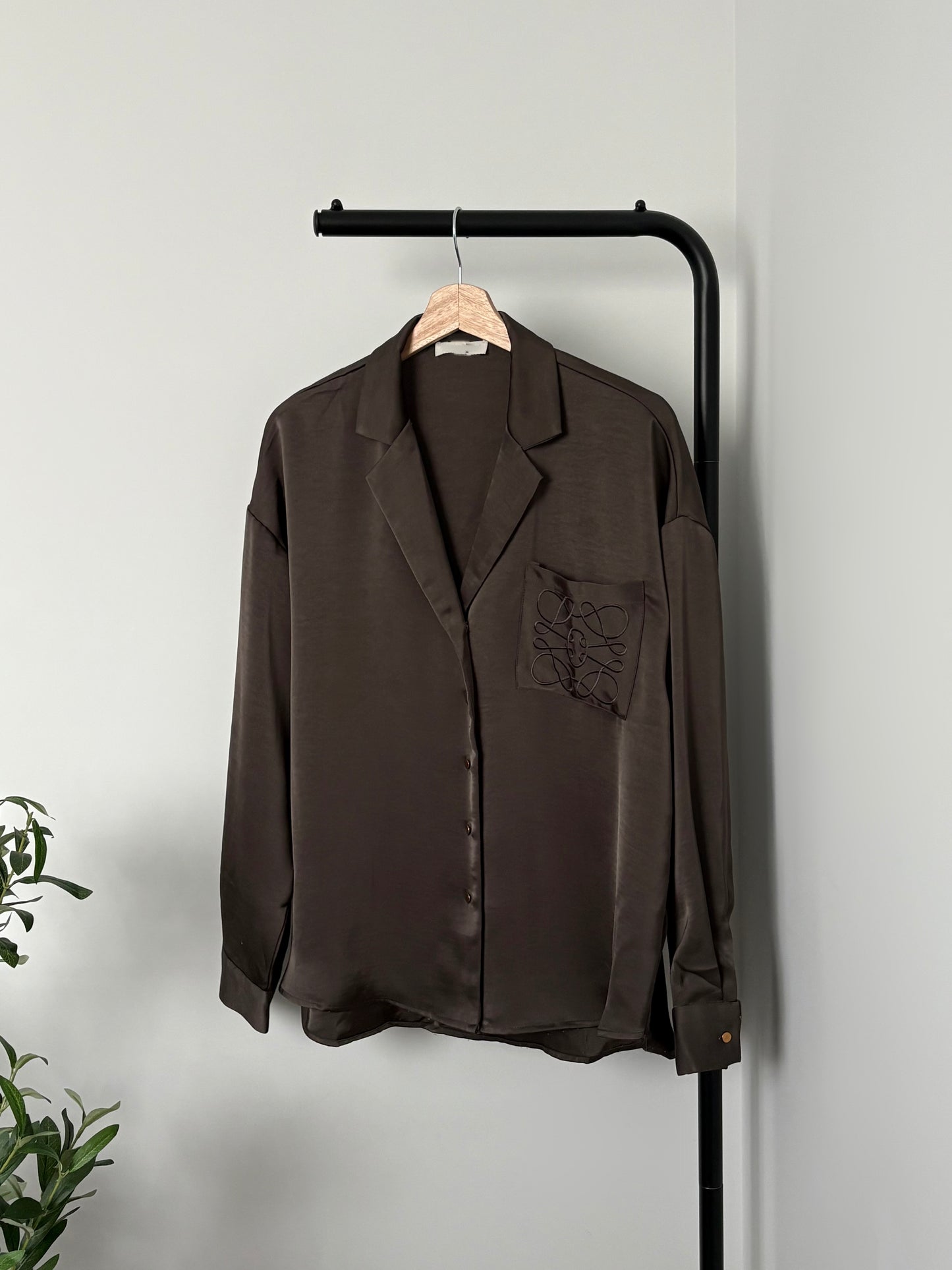 Brown satin shirt with embroidered pocket