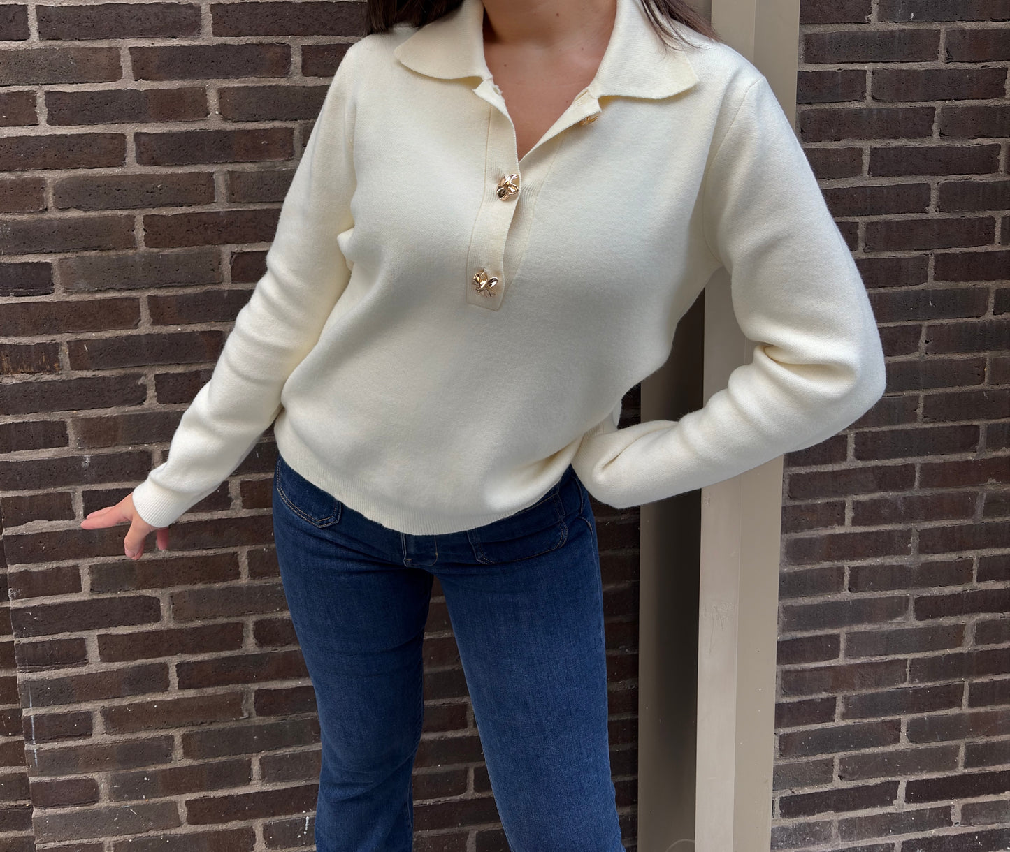 Beige polo neck sweater with gold buttons