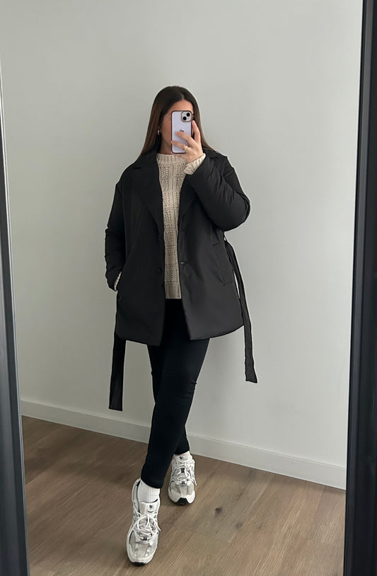 Beige puffer jacket to tie