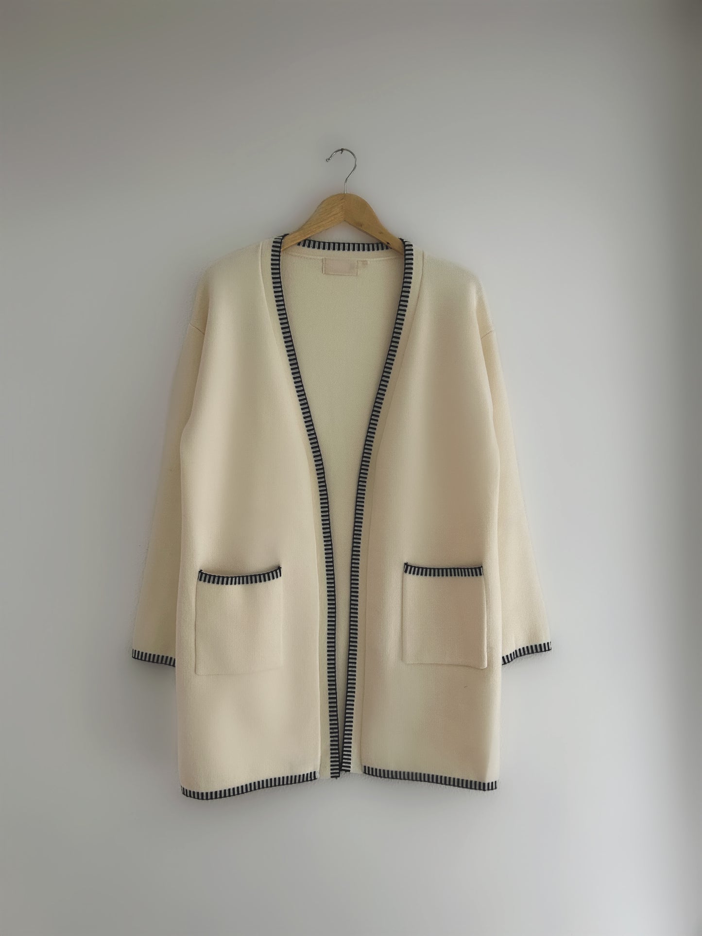 The Cream Knit Cardigan with Black Stripe Details