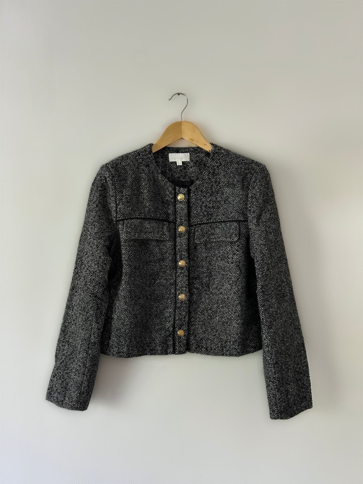 The Gray Herringbone Jacket with Gold Buttons