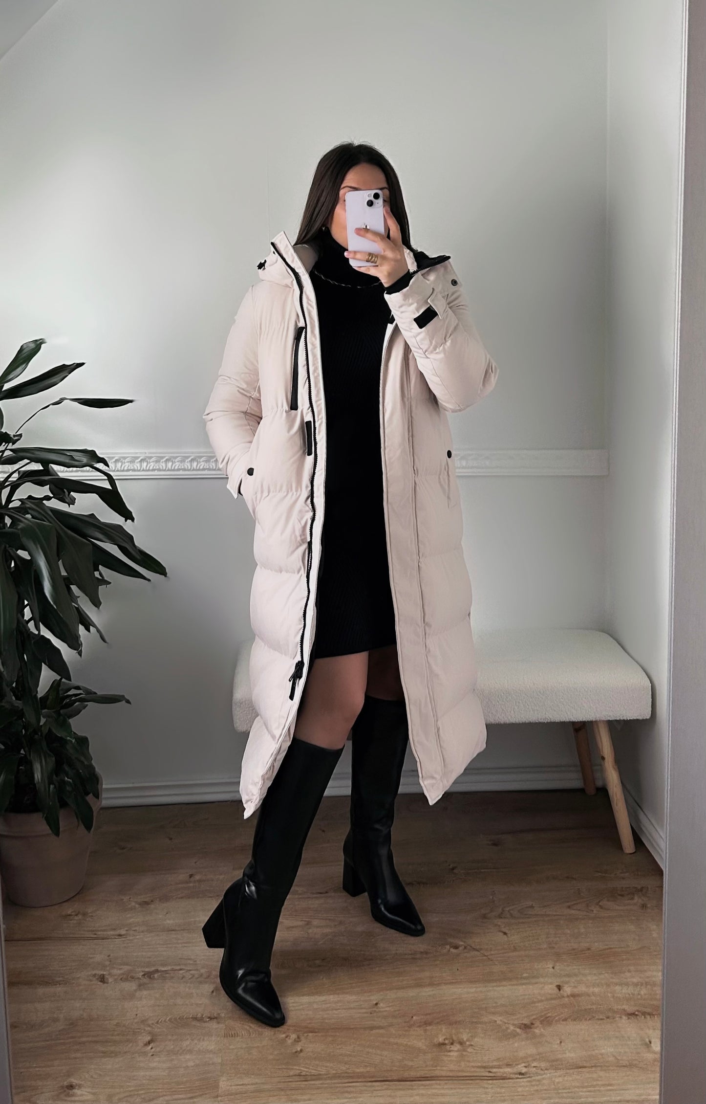 The Long Beige Puffer Coat with Hood