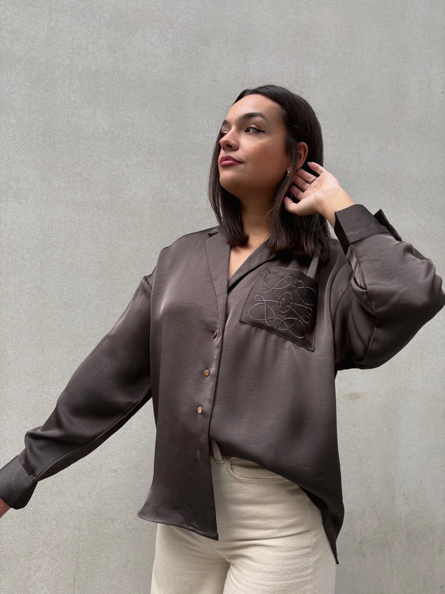 Brown satin shirt with embroidered pocket