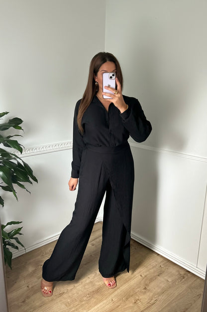 Ensemble pantalon et chemise longue plissée noir