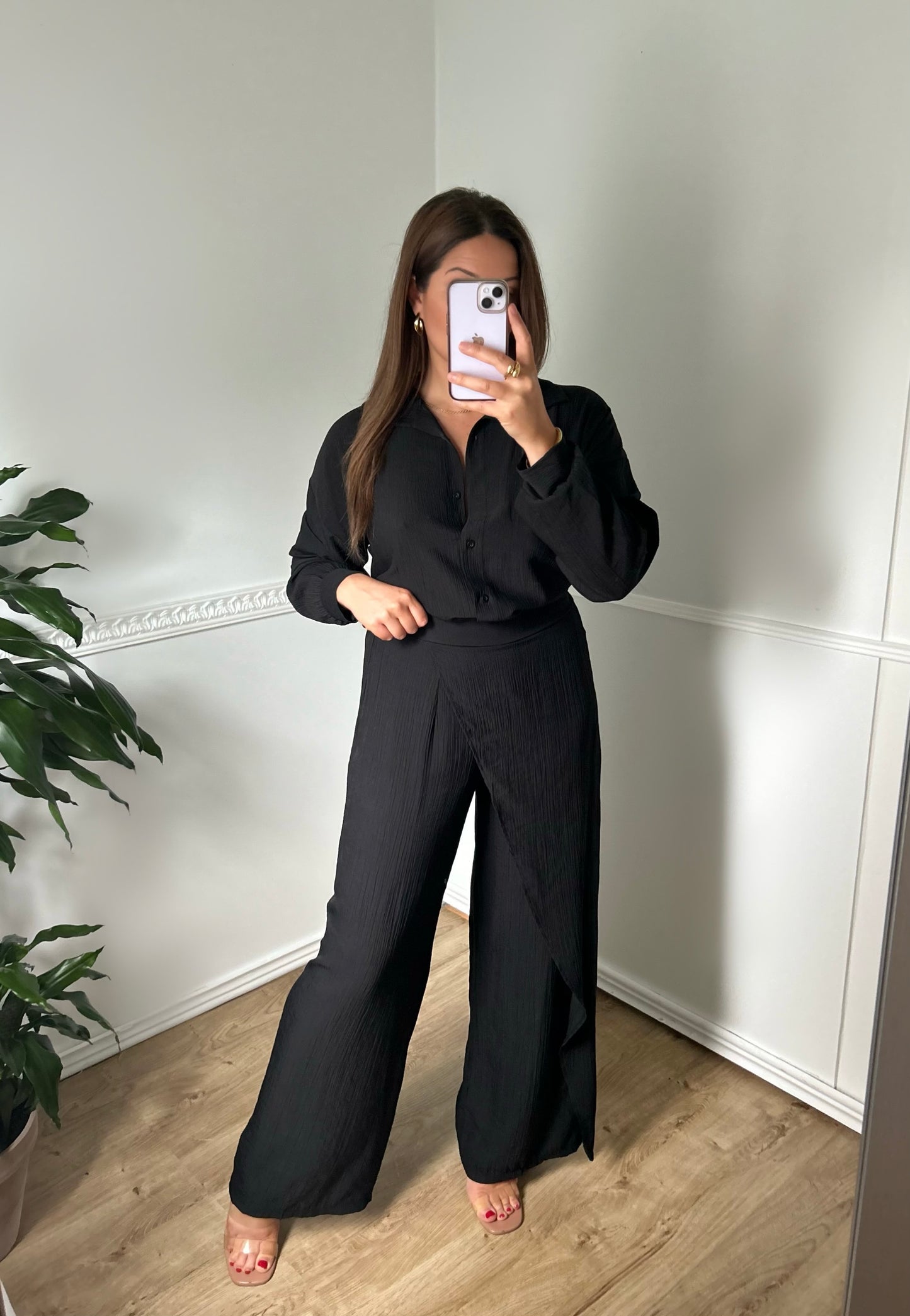 Ensemble pantalon et chemise longue plissée noir