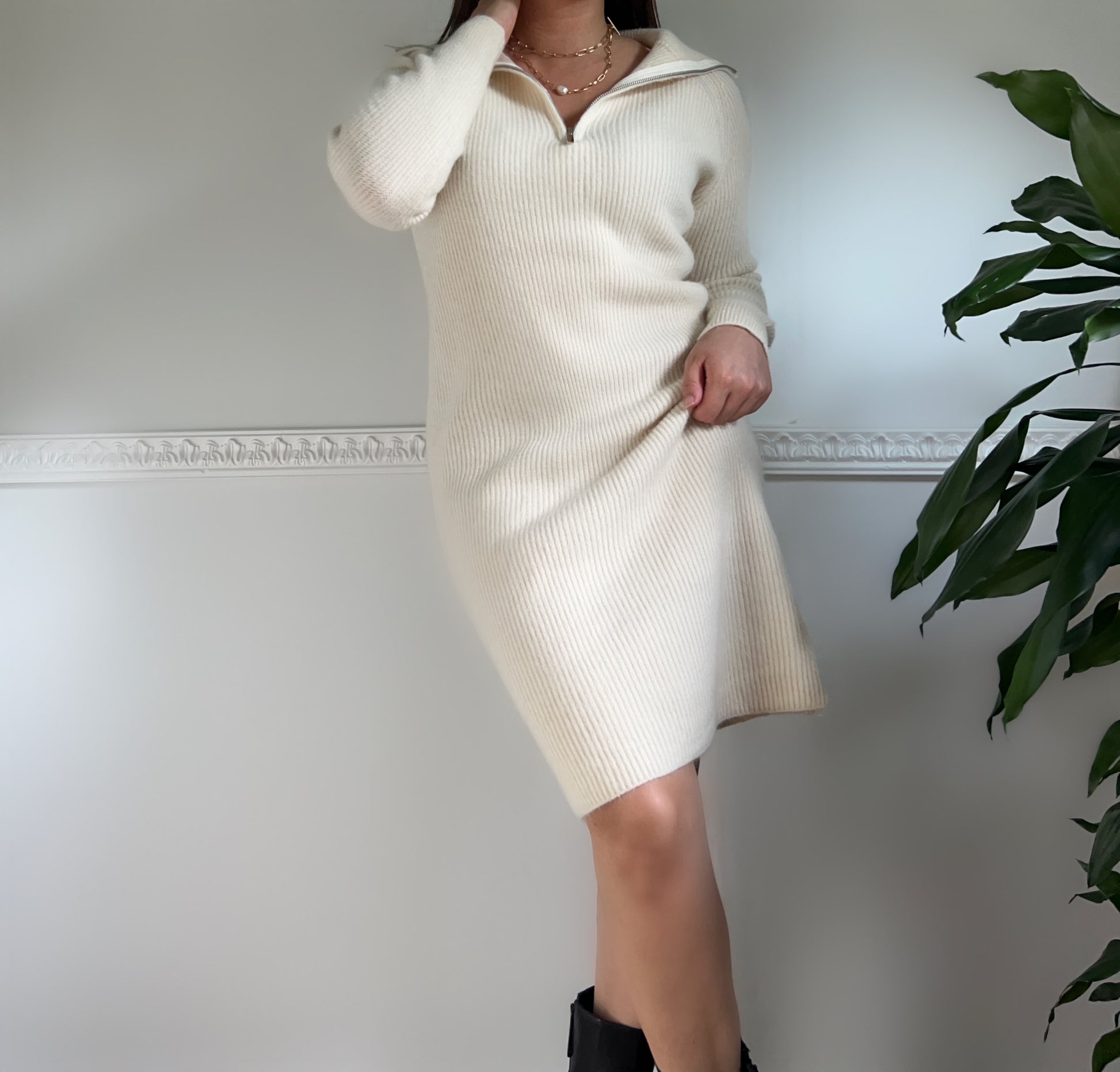 ivory jumper dress Ivory Long Sleeve Notched Hem Mini Jumper Dress