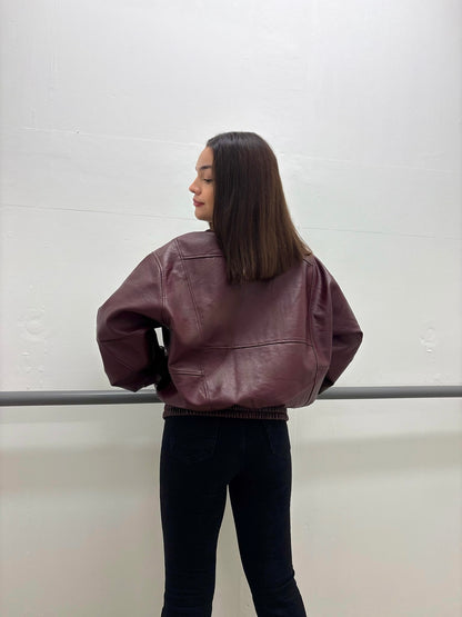Veste en cuir oversize bordeaux