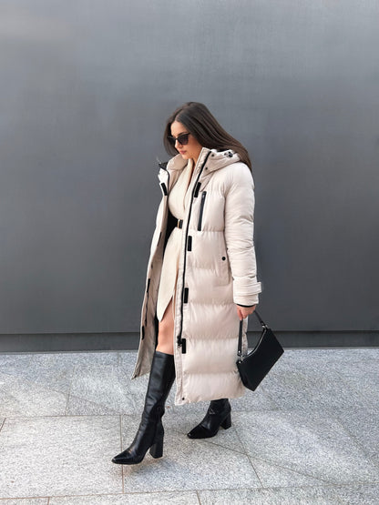 The Long Beige Puffer Coat with Hood