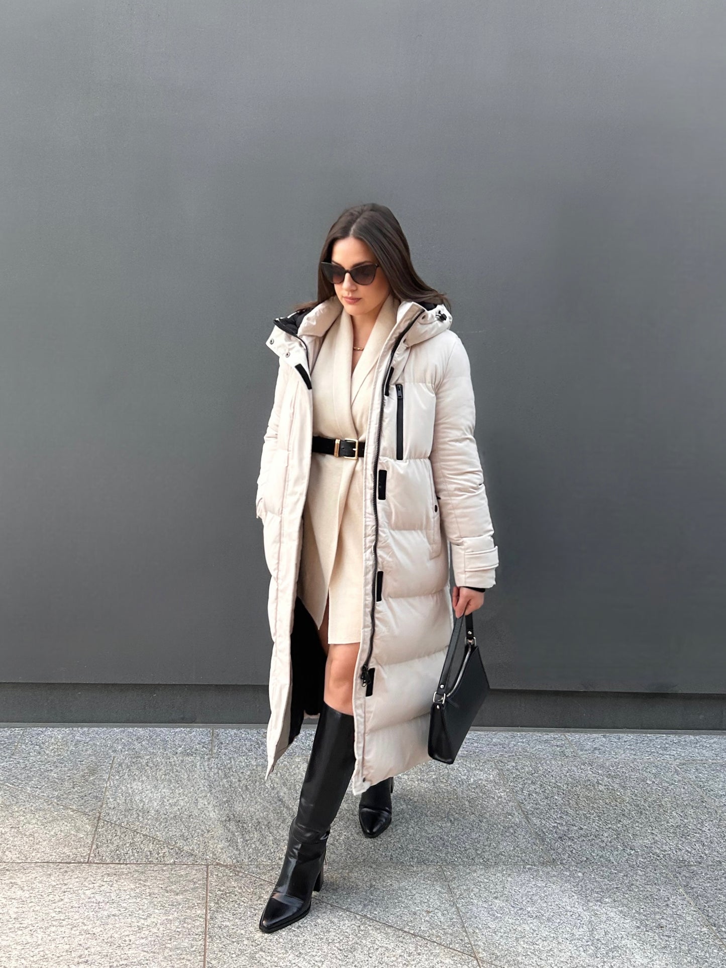 The Long Beige Puffer Coat with Hood