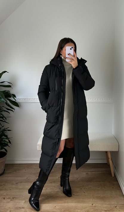 The Long Beige Puffer Coat with Hood