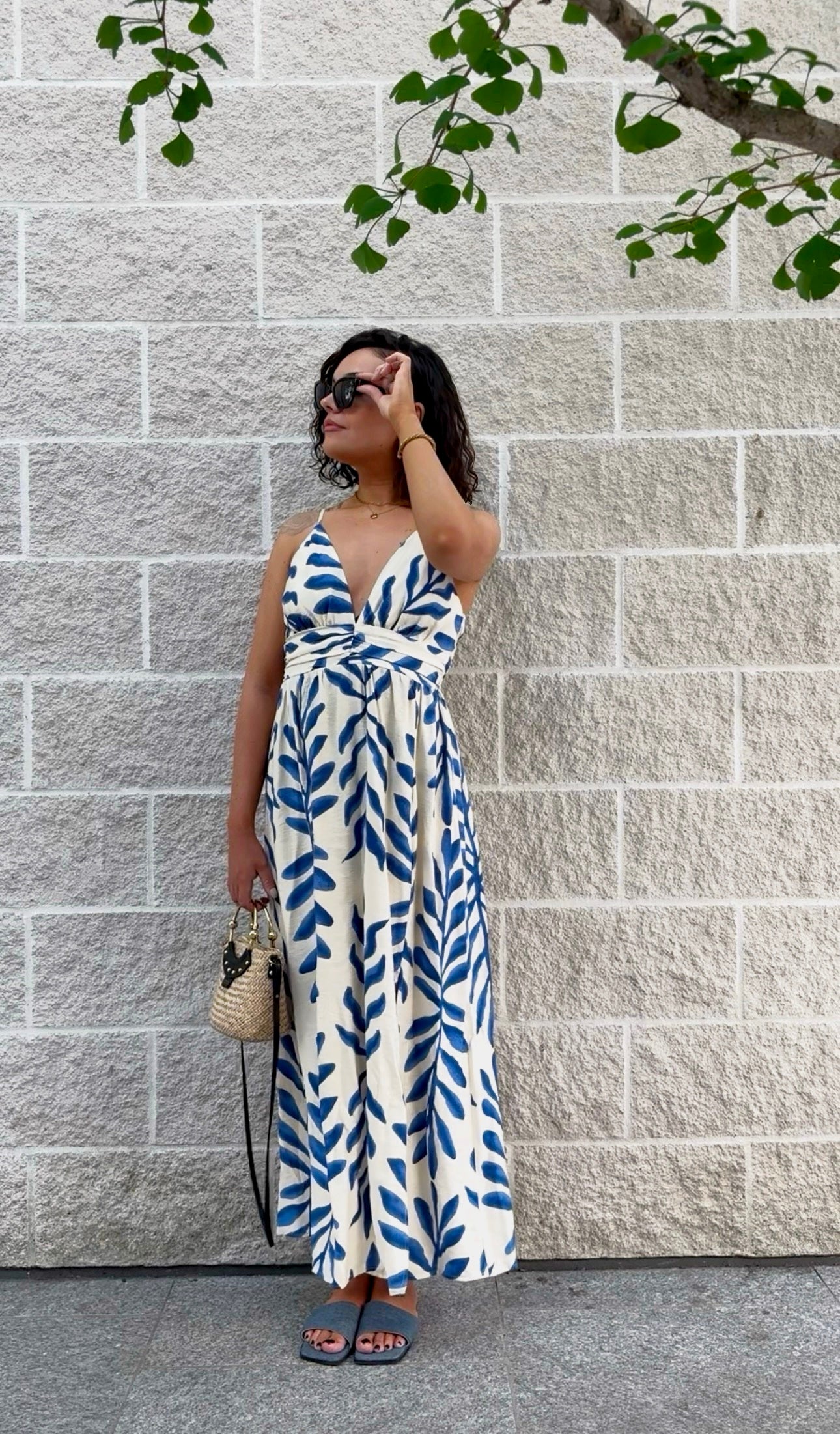 Robe longue imprimé feuille crème et bleu