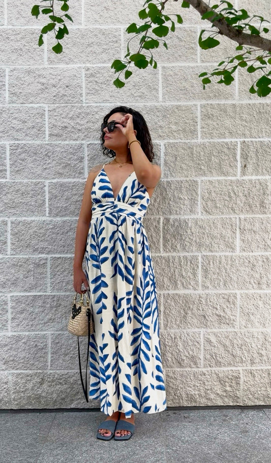Robe longue imprimé feuille crème et bleu