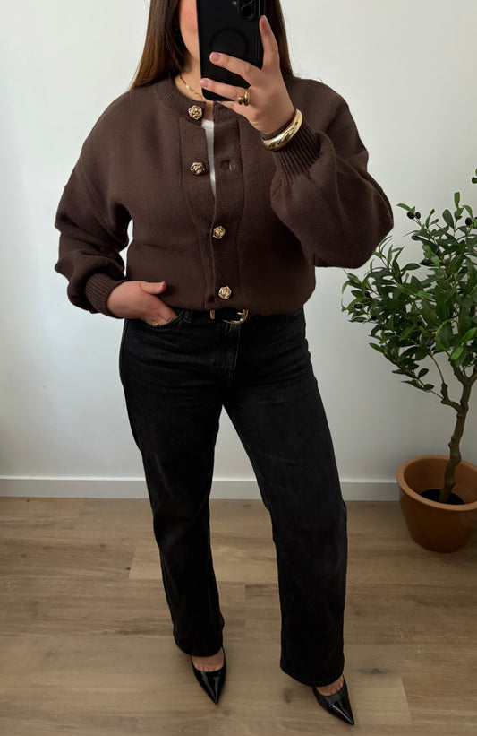 Cardigan en maille marron boutons dorés  fleurs