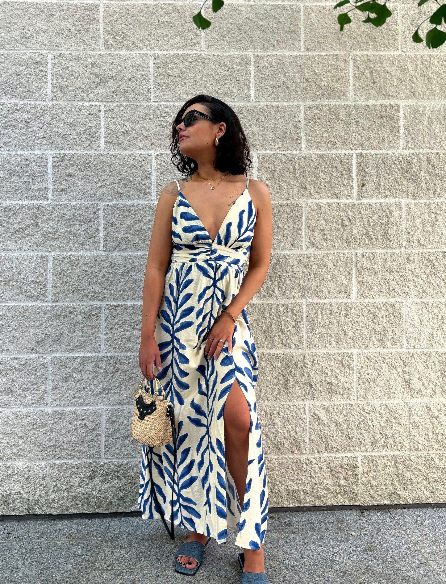 Robe longue imprimé feuille crème et bleu