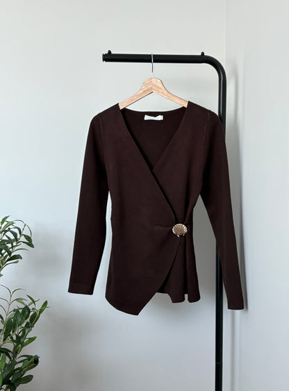 Brown wrap sweater with gold shell detail