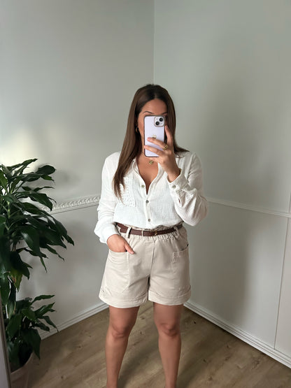 Short taille haute en coton beige