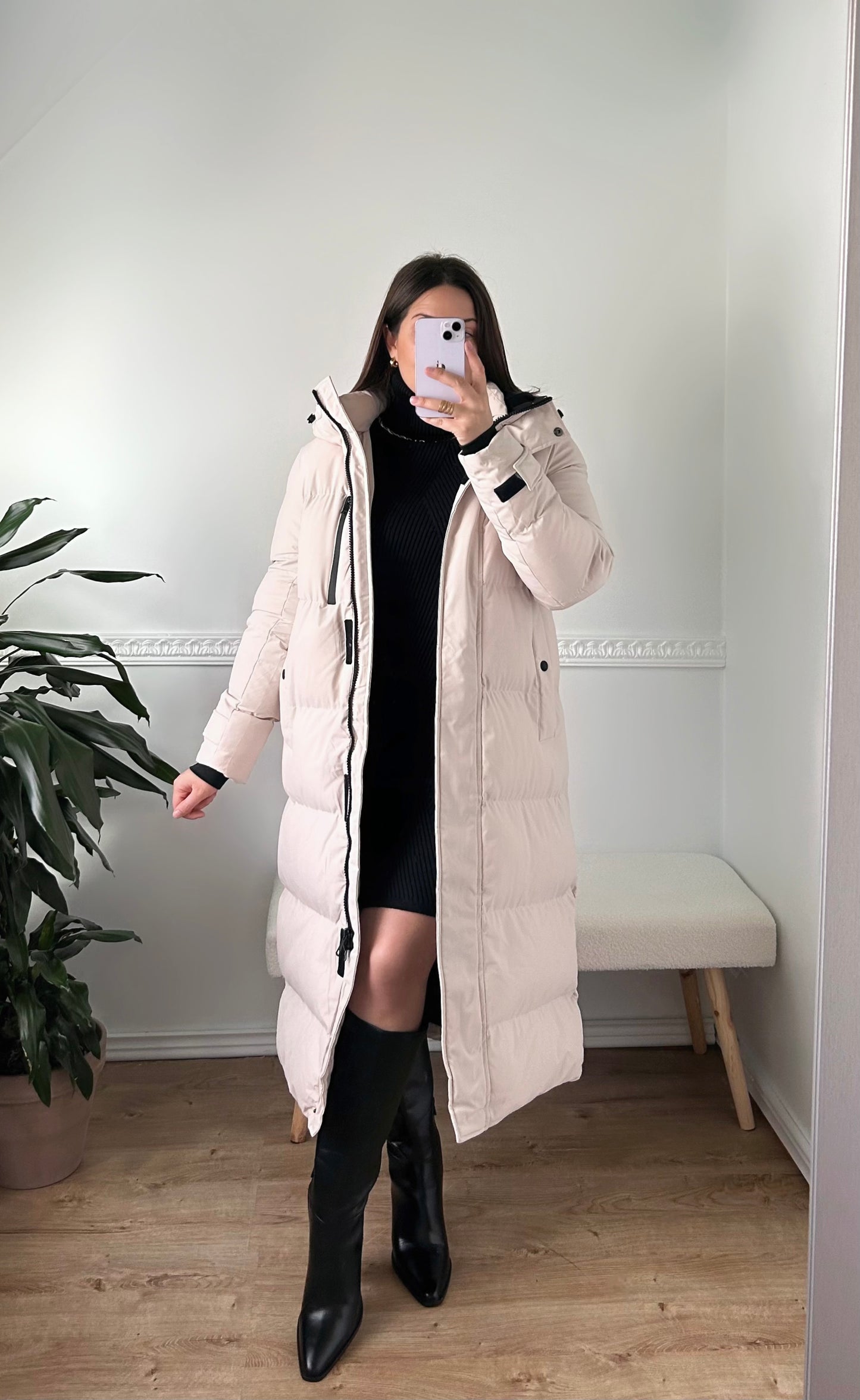 The Long Beige Puffer Coat with Hood