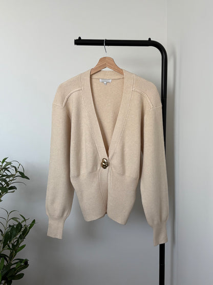 Cardigan beige col V bouton doré