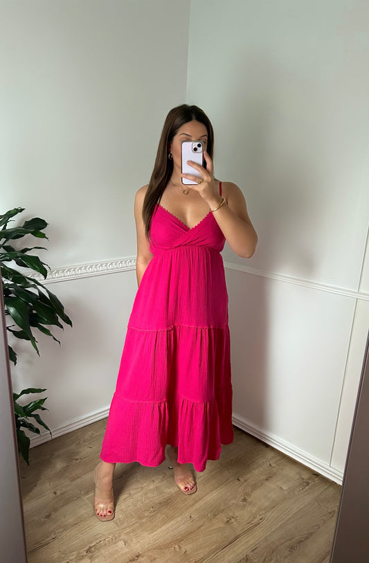 Robe longue gaze de coton fuchsia