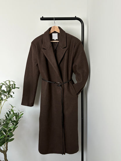 Manteau long marron ceinture similicuir boucle