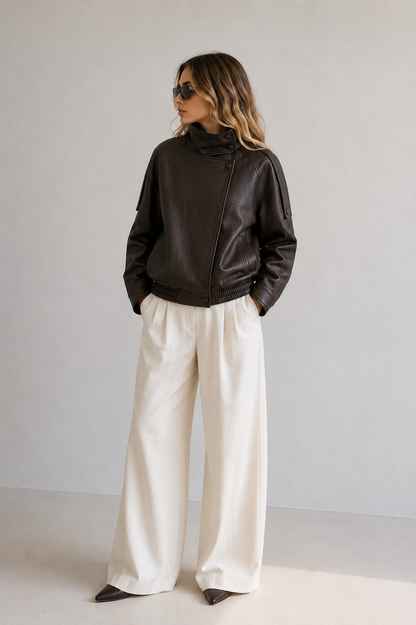 Veste en similicuir grainé marron à col cheminée