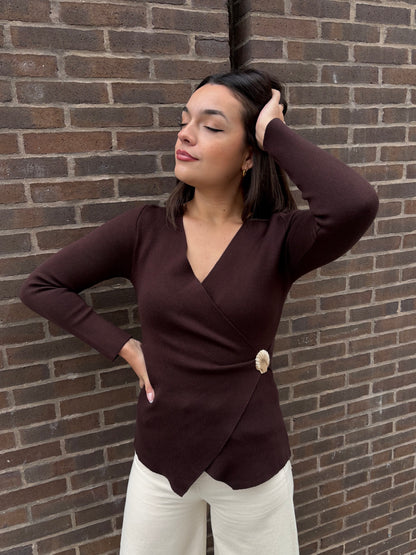 Brown wrap sweater with gold shell detail