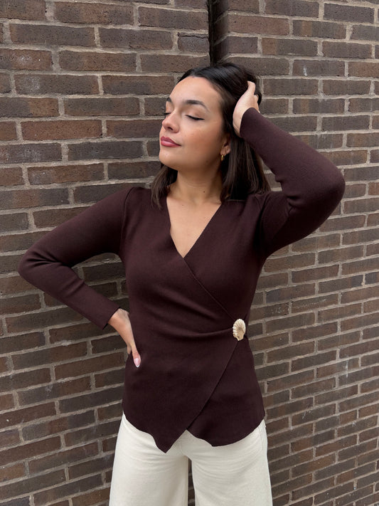 Brown wrap sweater with gold shell detail