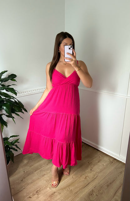 Robe longue gaze de coton fuchsia