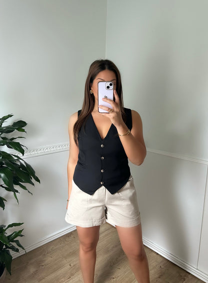 Short taille haute en coton beige