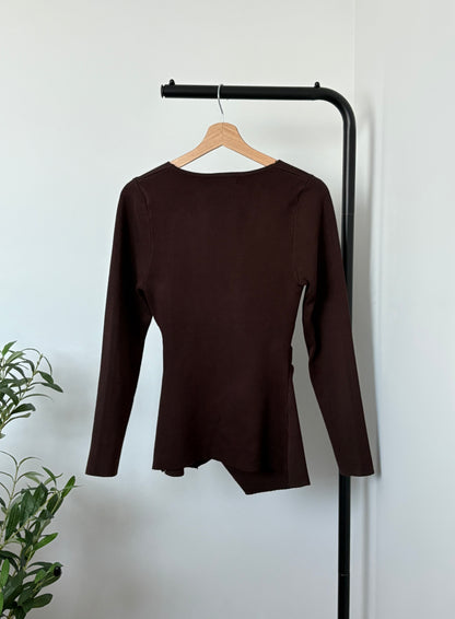 Brown wrap sweater with gold shell detail
