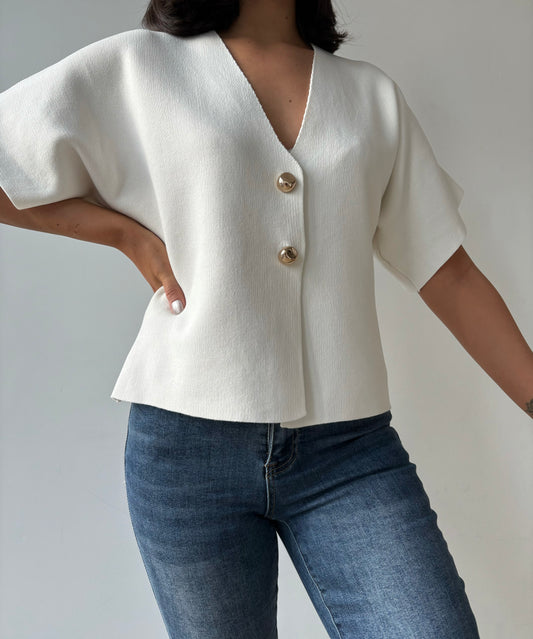 T-shirt en maille blanc boutons dorés