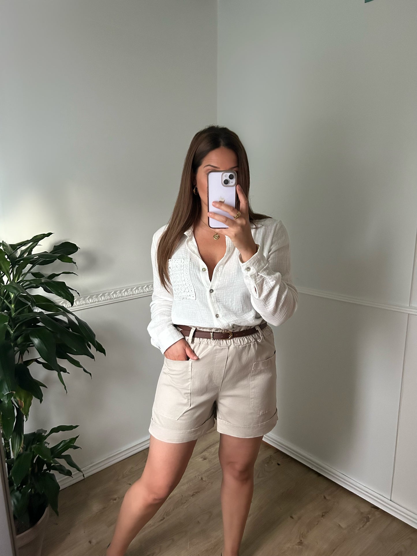 Short taille haute en coton beige