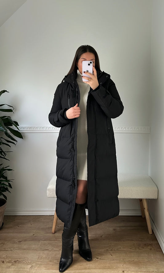 The Long Beige Puffer Coat with Hood