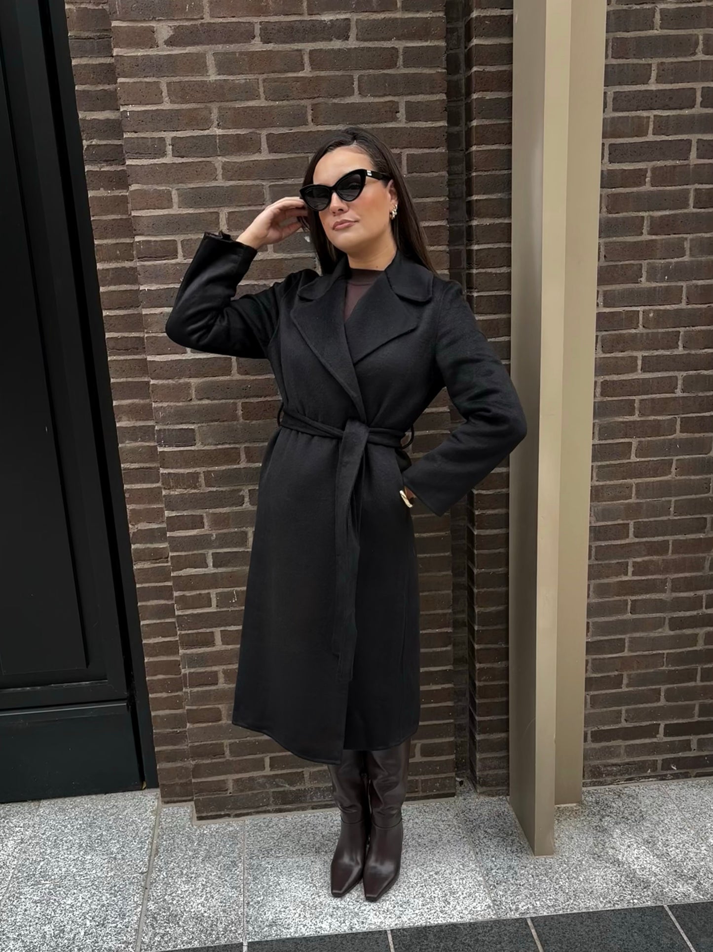 Black wool coat with belt