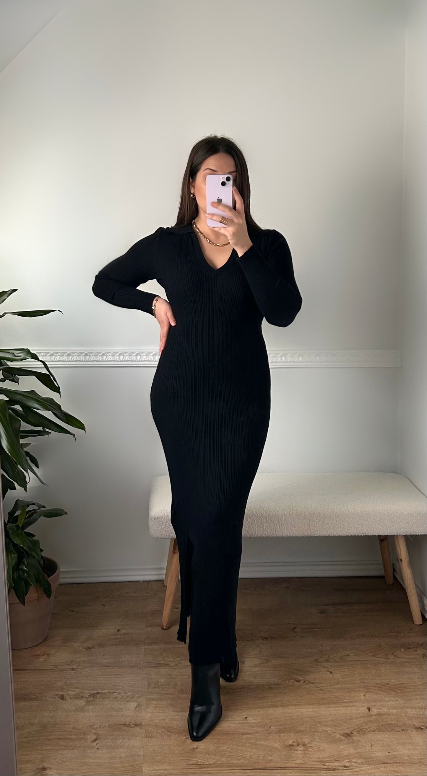 The Black Long Ribbed Dress with Slit