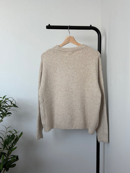 Pull oversize beige broderie poche marron