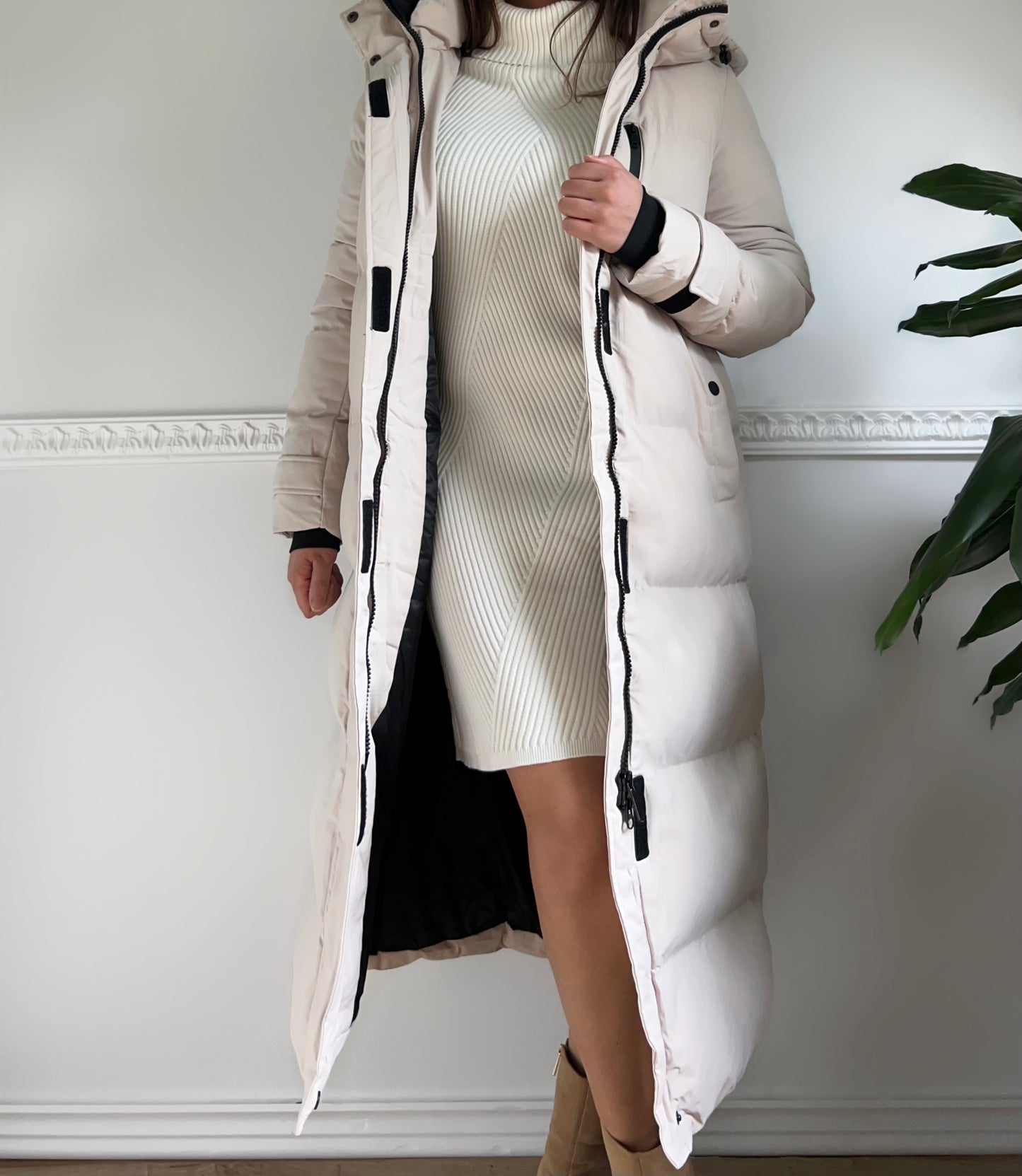 The Long Beige Puffer Coat with Hood