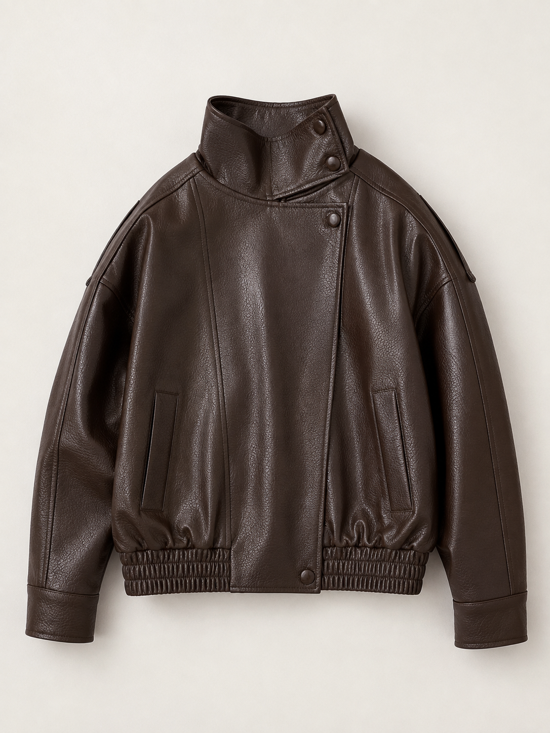 Veste en similicuir grainé marron à col cheminée