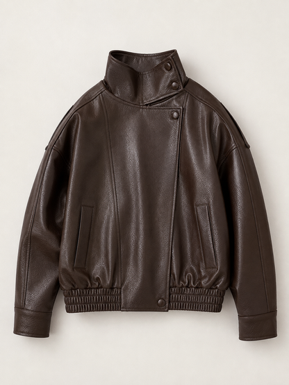 Veste en similicuir grainé marron à col cheminée