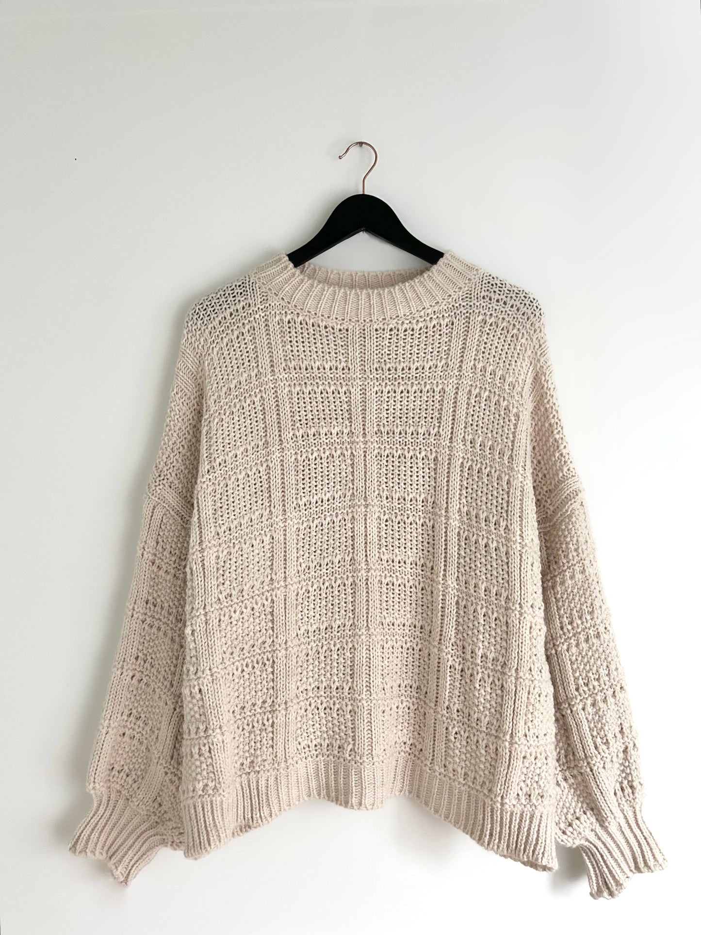 Pull Crème en Grosse Maille Quadrillée