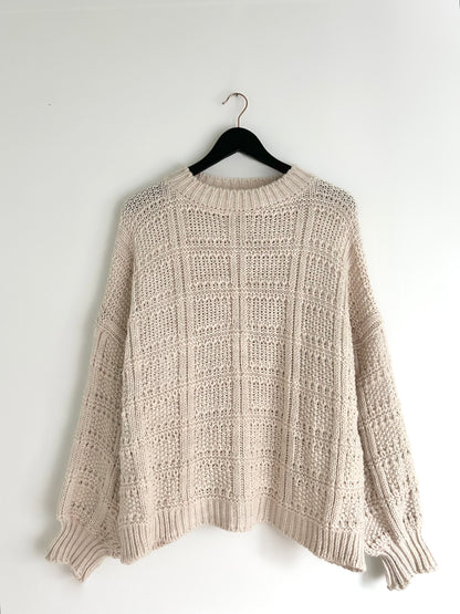 Pull Crème en Grosse Maille Quadrillée